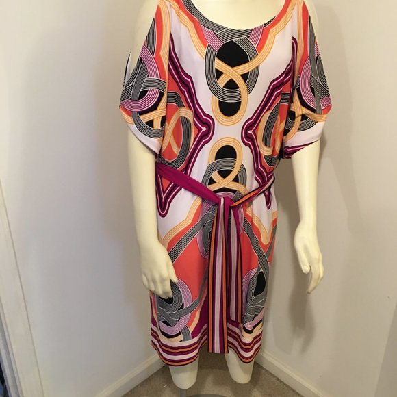 SANDRA DARREN Coral Multi Scarf Print Cold Shoulder Knee Length Dress 16 - Picture 2 of 6